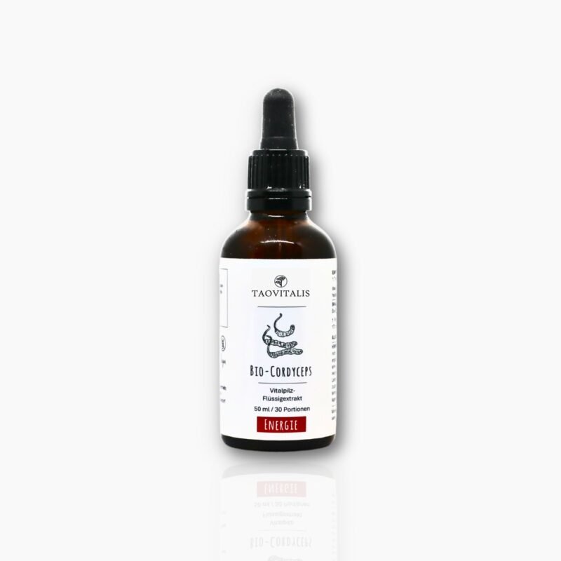 Brown glass dropper bottle of Taovitalis Bio-Cordyceps herbal extract with labeled bottle cap