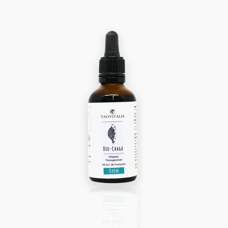 Brown glass dropper bottle labeled TAOVITALIS Organic Chaga tincture on a white background.